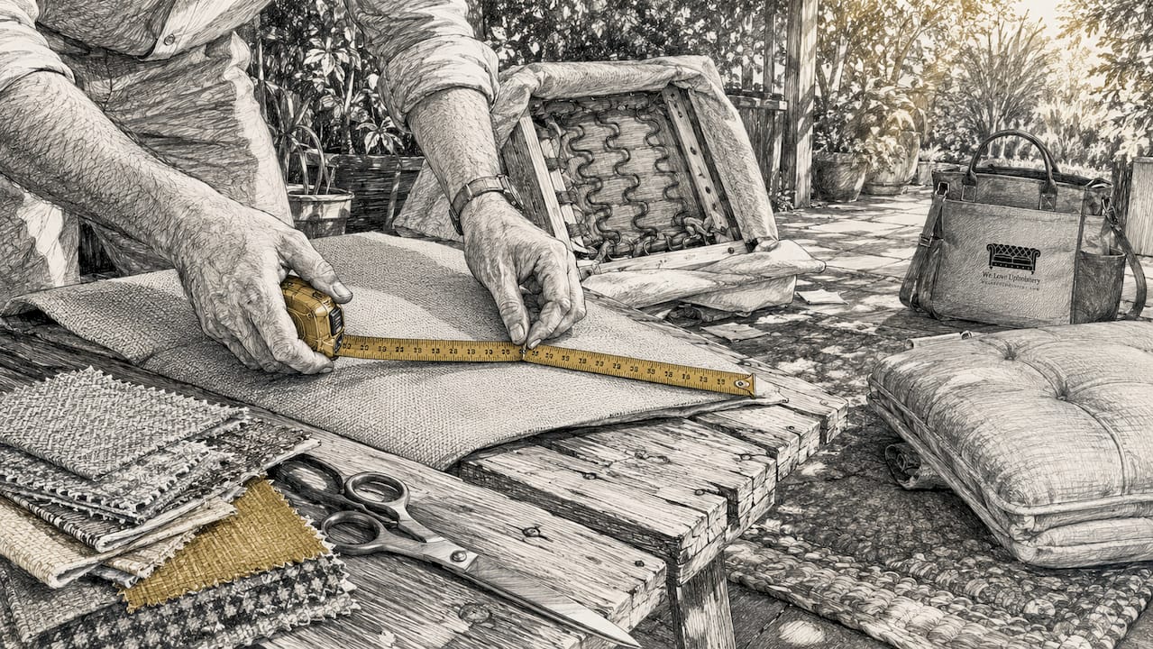 Hands measuring upholstery fabric on wooden table
