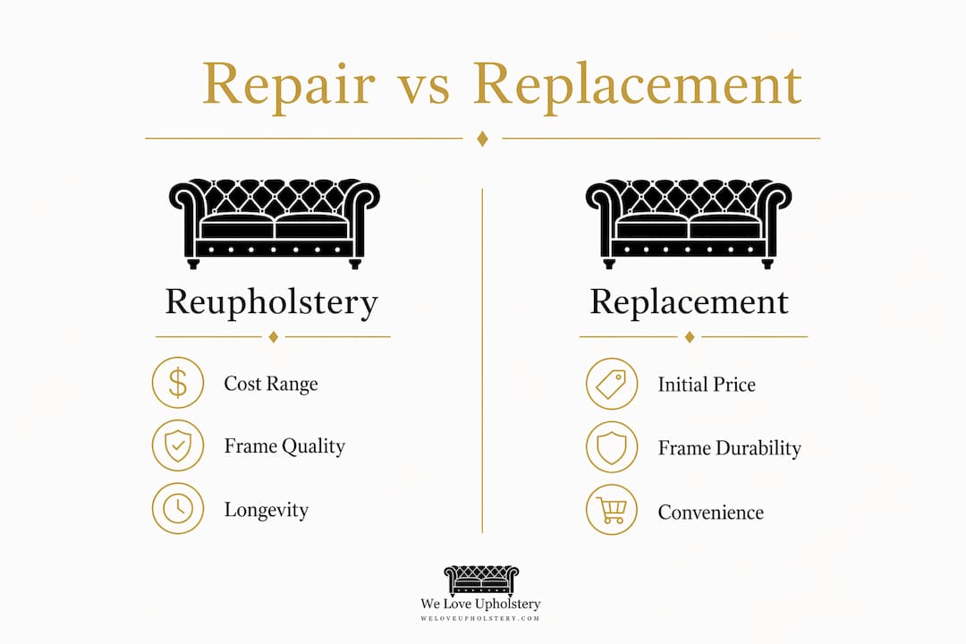 Infographic comparing reupholstery and replacement costs