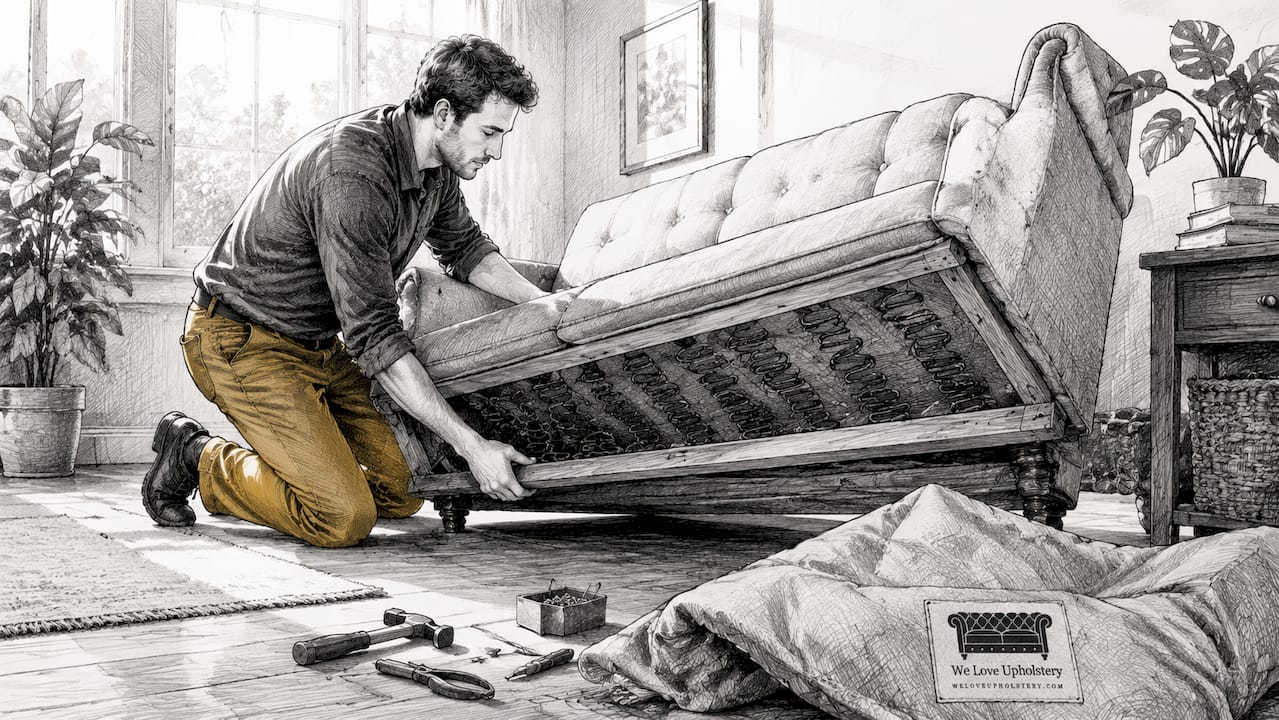 Person inspecting sofa springs underneath furniture