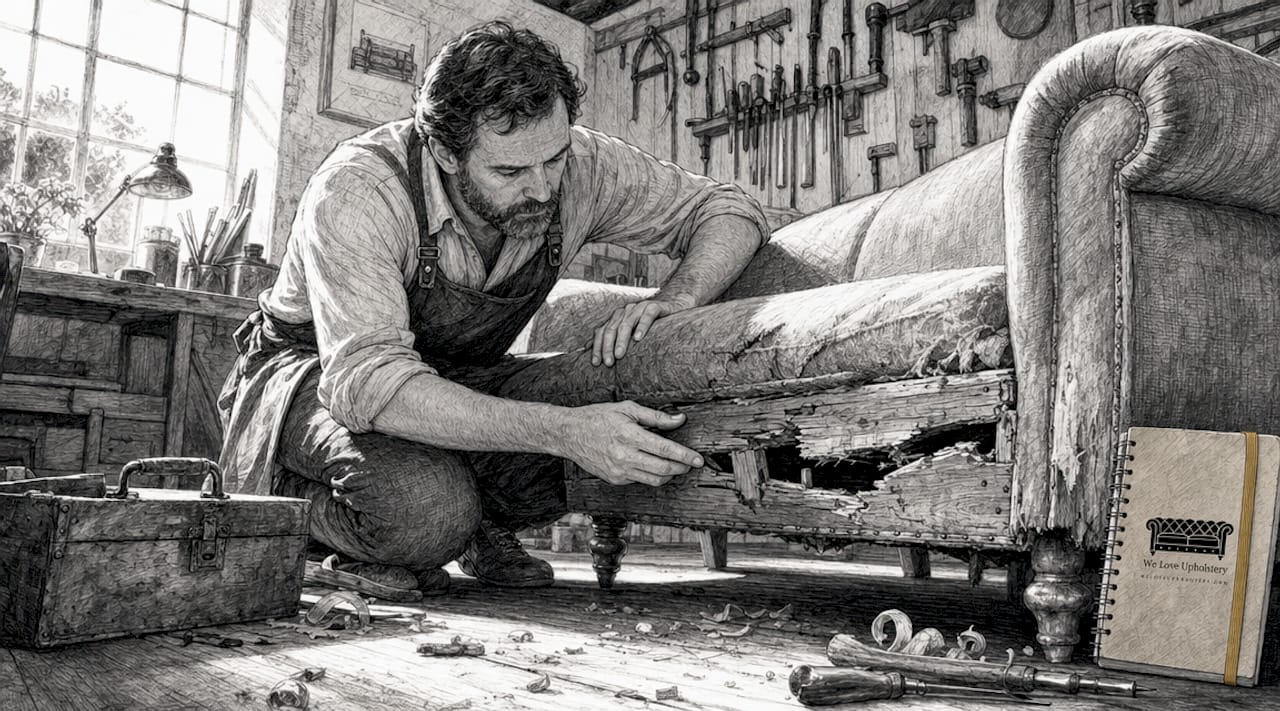 Man inspecting cracked couch frame indoors