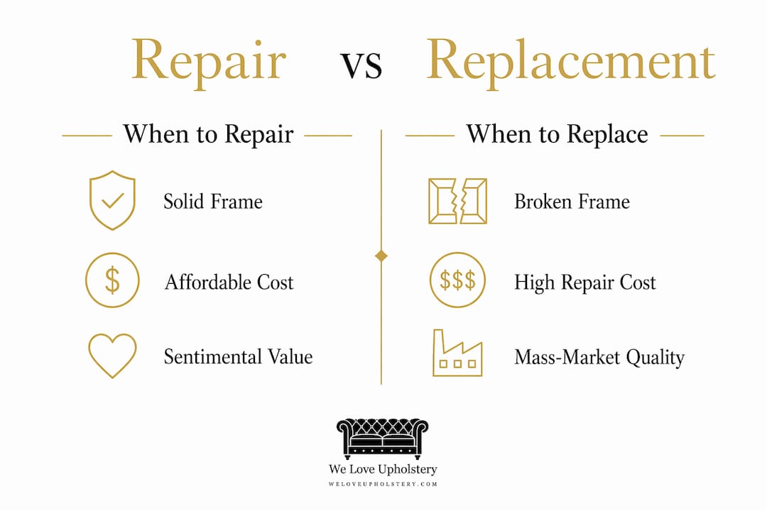 Infographic comparing couch repair and replacement criteria