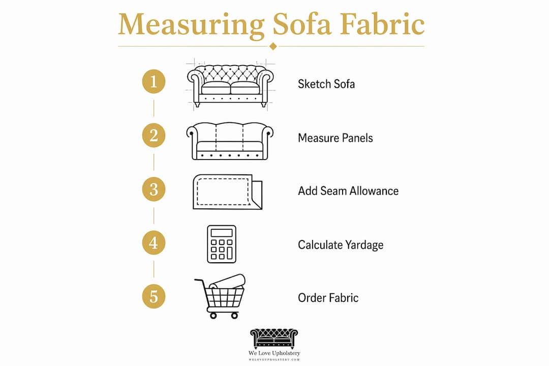 Infographic with sofa fabric measuring steps