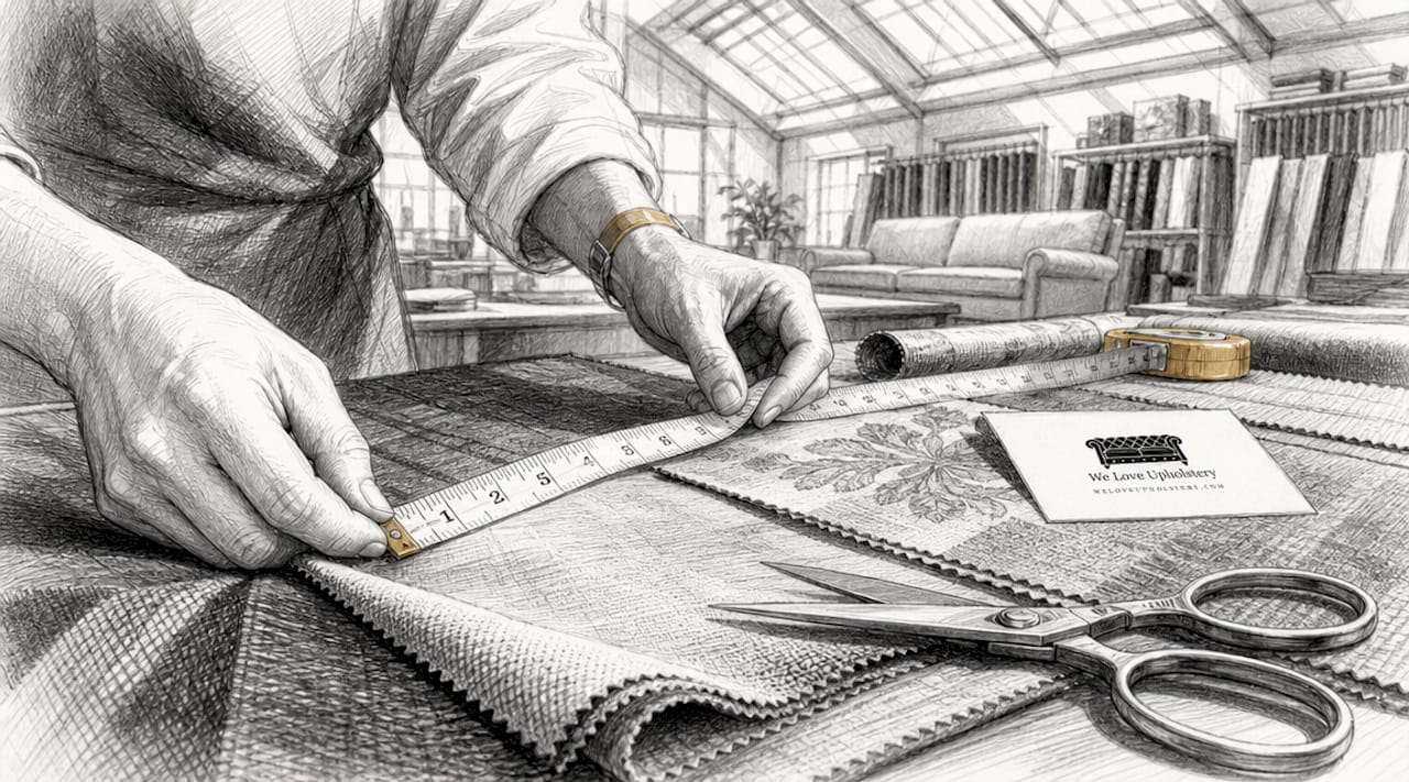 Hands measuring fabric with tape on table