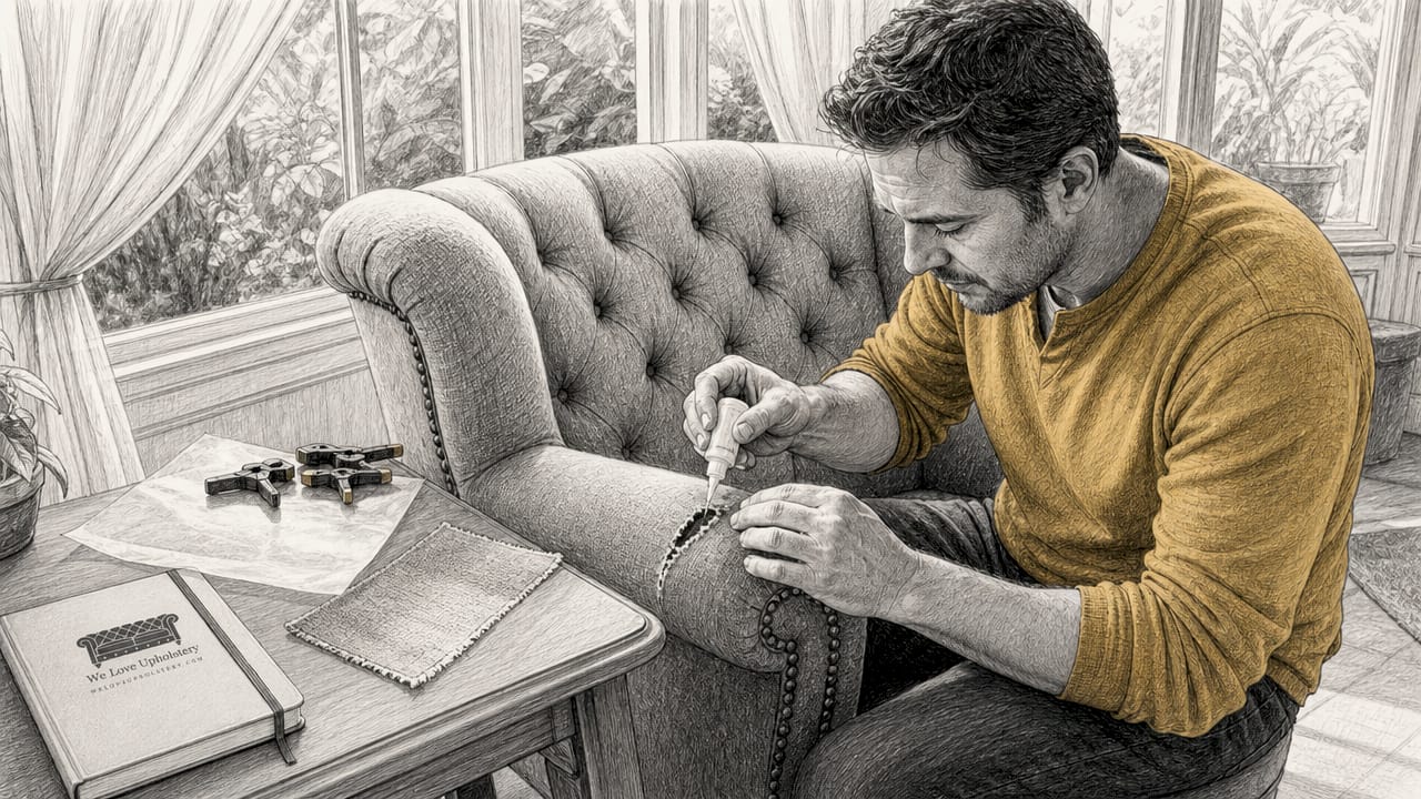 Homeowner applying fabric glue to sofa tear