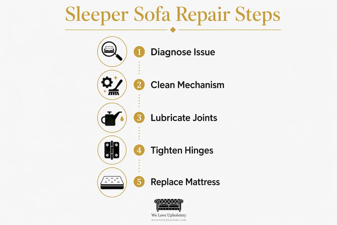 Infographic showing steps for sleeper sofa repair