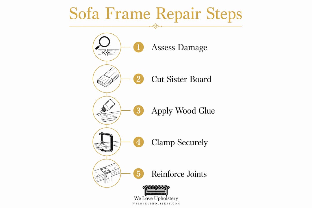 Infographic with numbered steps for sofa frame repair