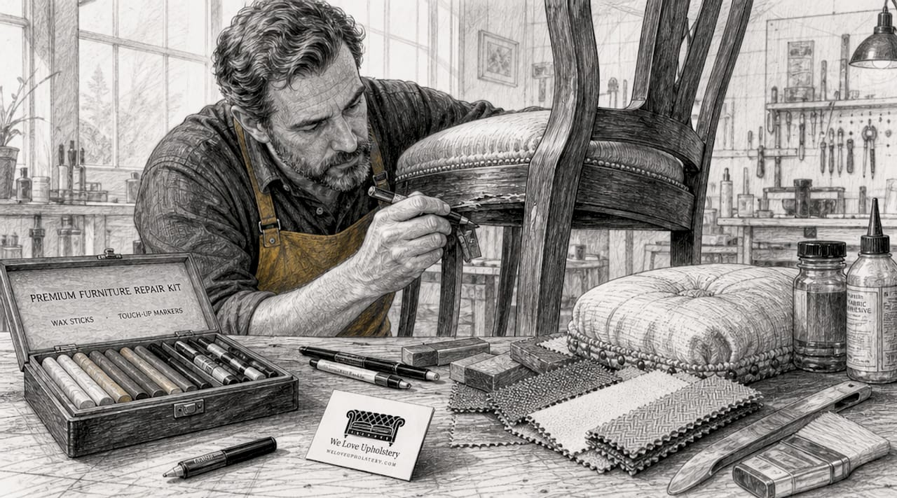 Craftsman repairing scratched wooden chair indoors