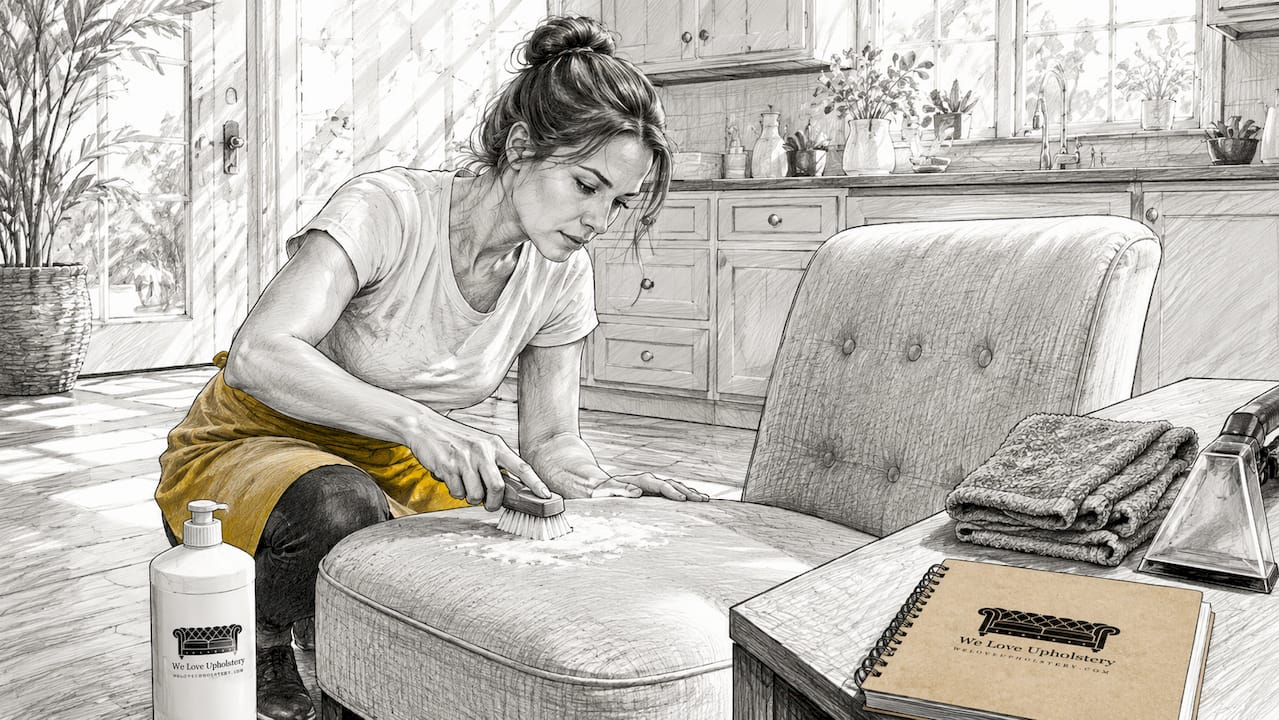 Person cleaning sofa upholstery with shampoo foam