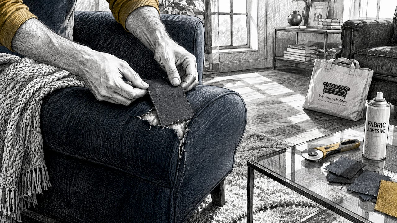 Hands repairing fabric sofa armrest patch