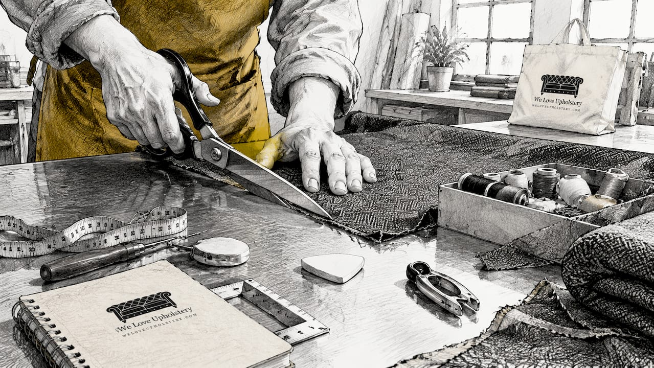 Hands cutting upholstery fabric on wooden bench