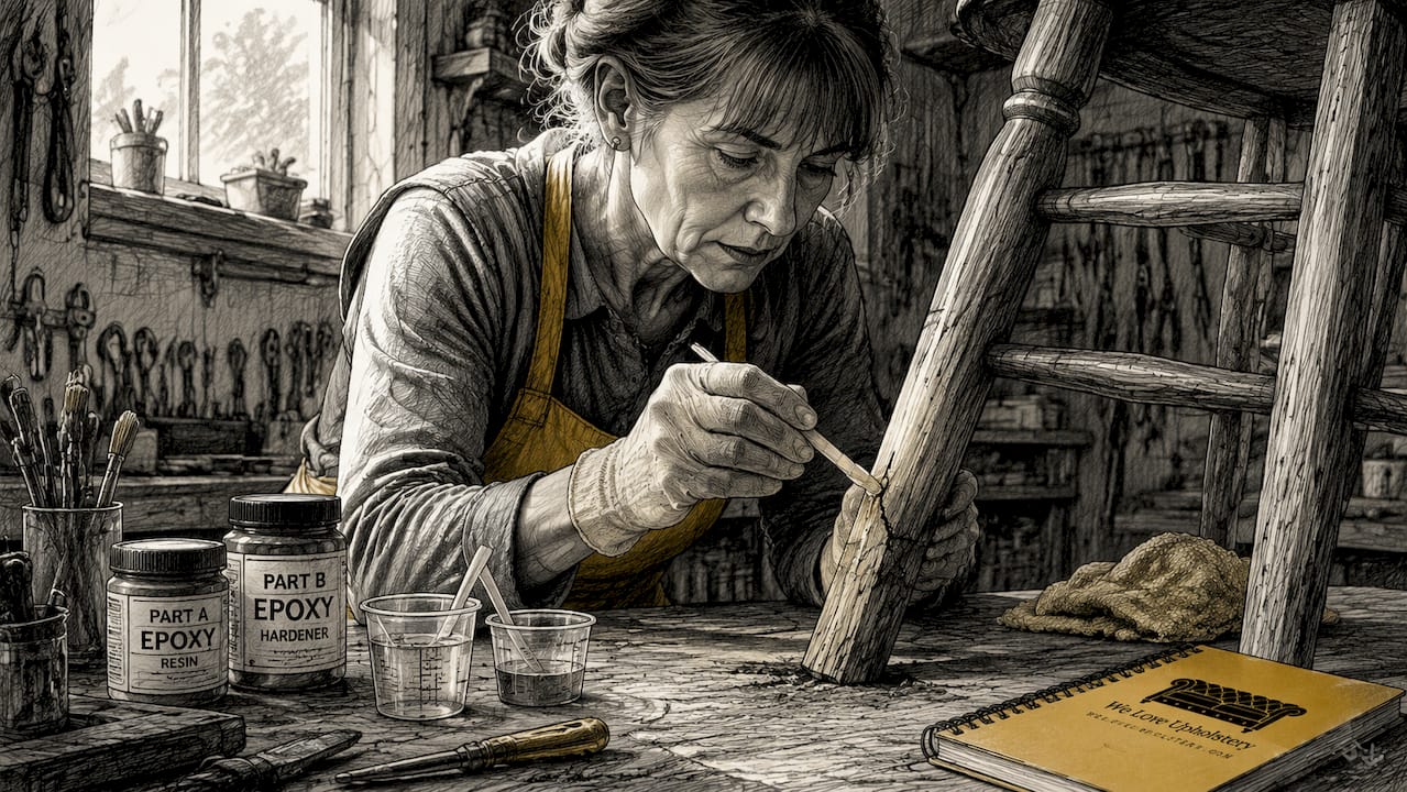 Hands applying epoxy to chair leg