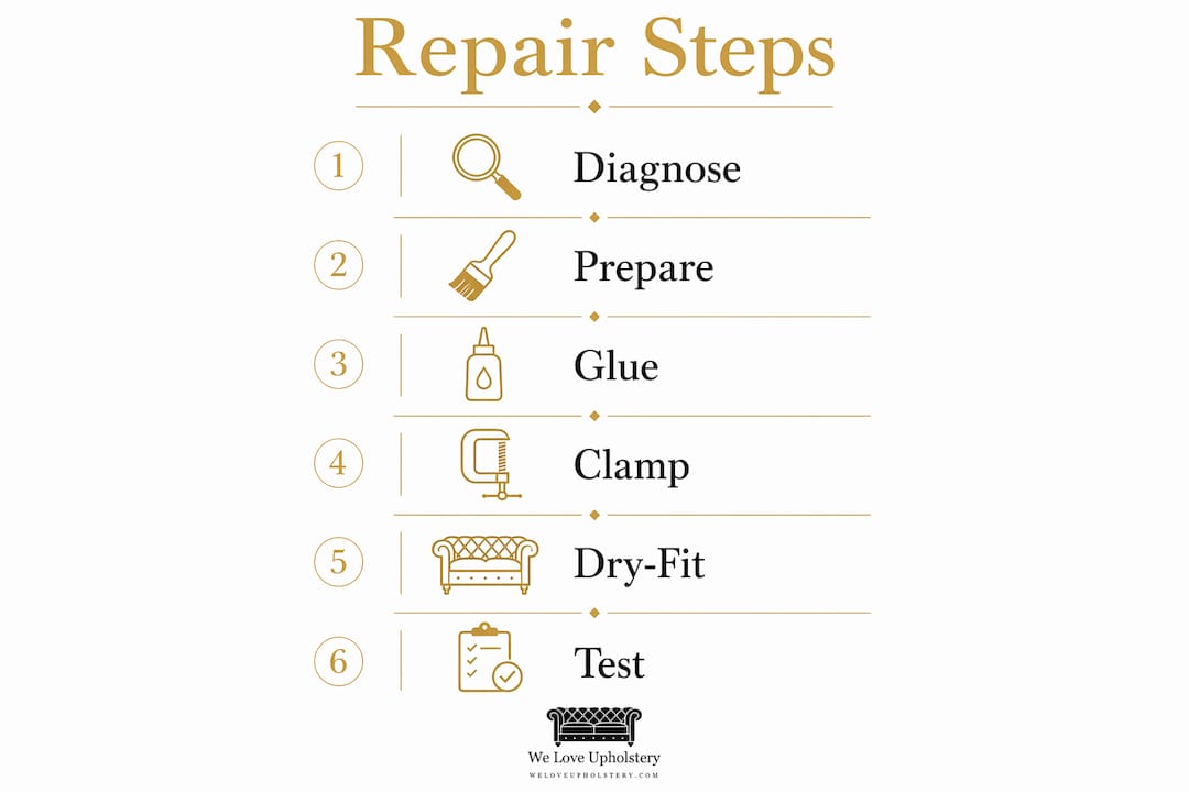 Infographic showing step-by-step sofa joint repair process