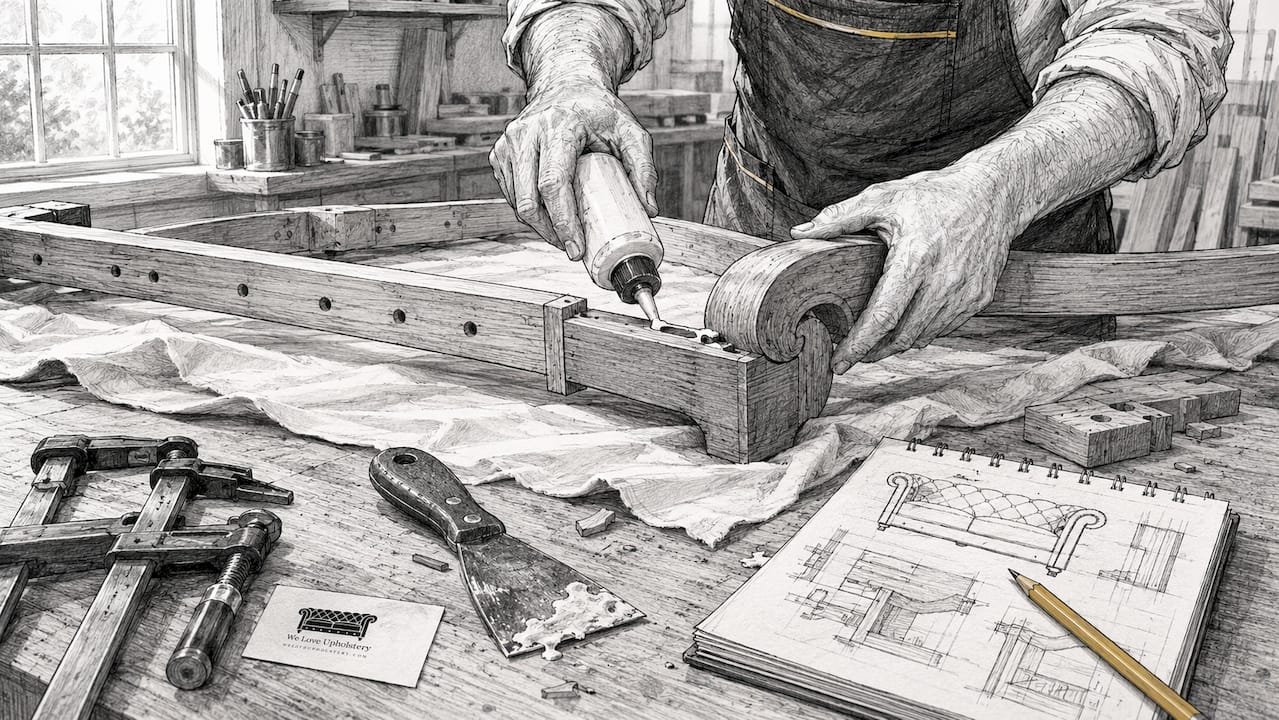 Hands applying glue to wooden sofa joint