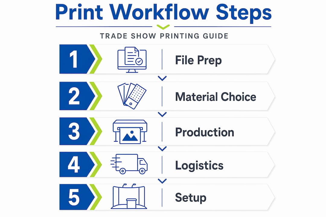 Infographic showing trade show printing workflow steps