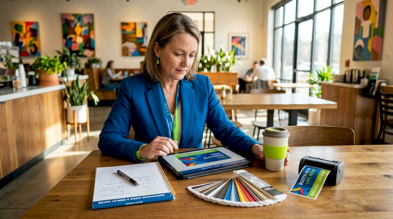 Event planner reviewing trade show print files