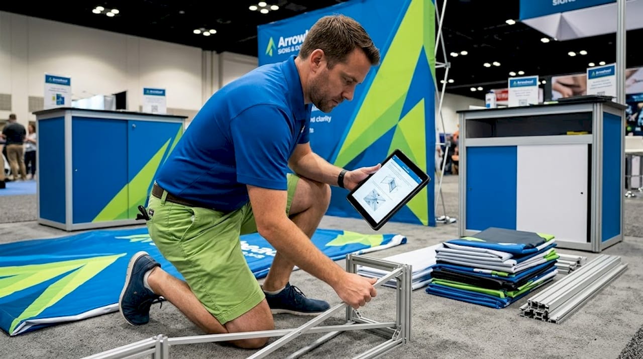 Marketer assembling pop-up display in booth