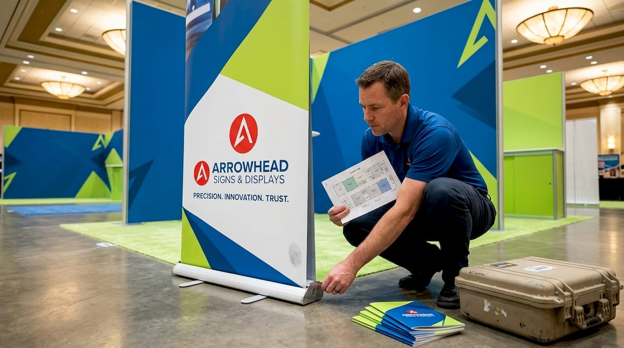 Staffer adjusts retractable banner at booth entrance