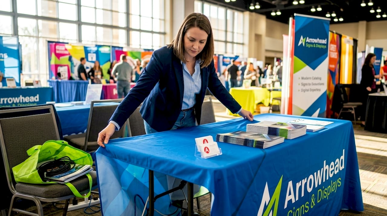 Small business owner sets up signage at trade show