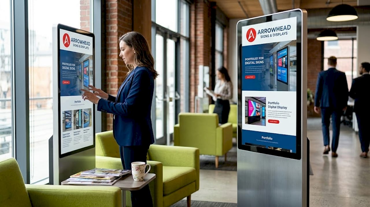 Professional viewing digital standing sign in lobby