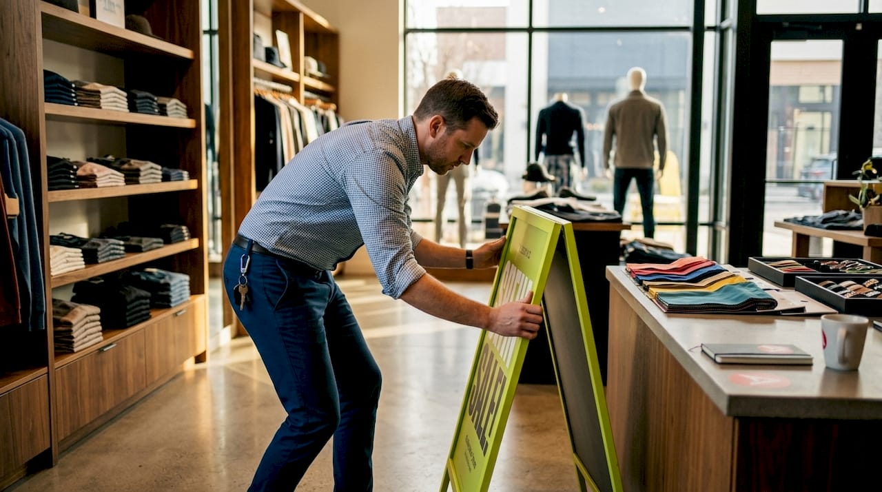 Store manager adjusting entrance standing sign