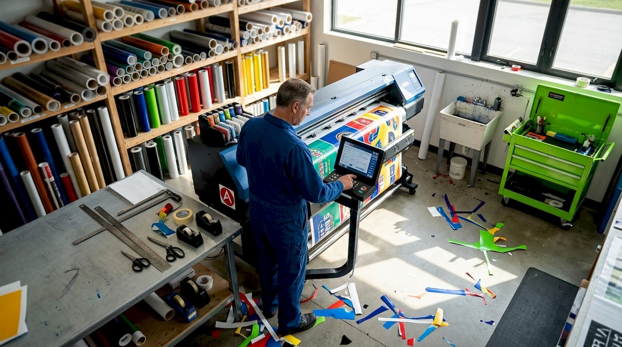 Technician making outdoor vinyl banner in workshop