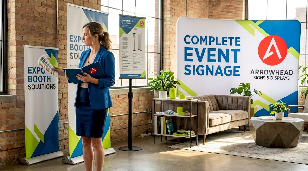 Coordinator comparing banner stands in office