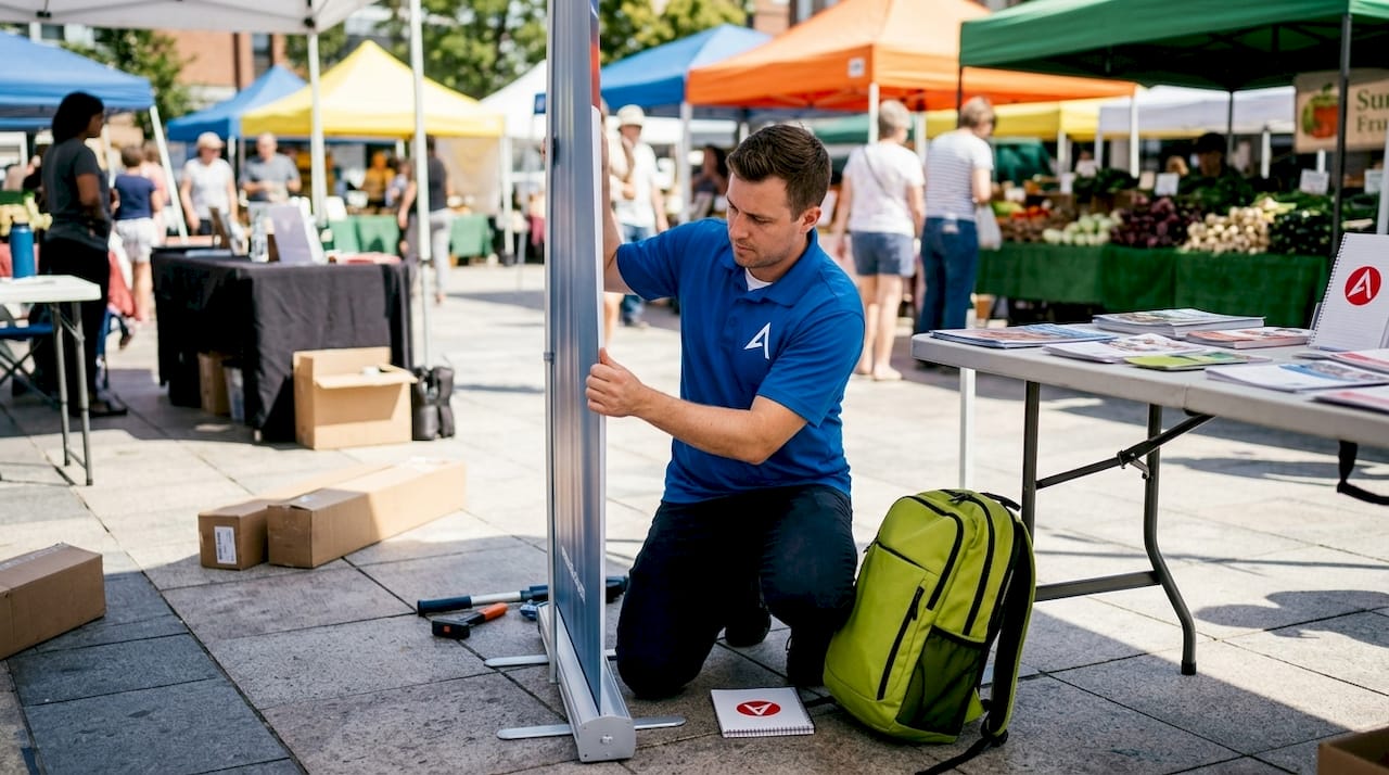 Staff member setting up retractable banner stand