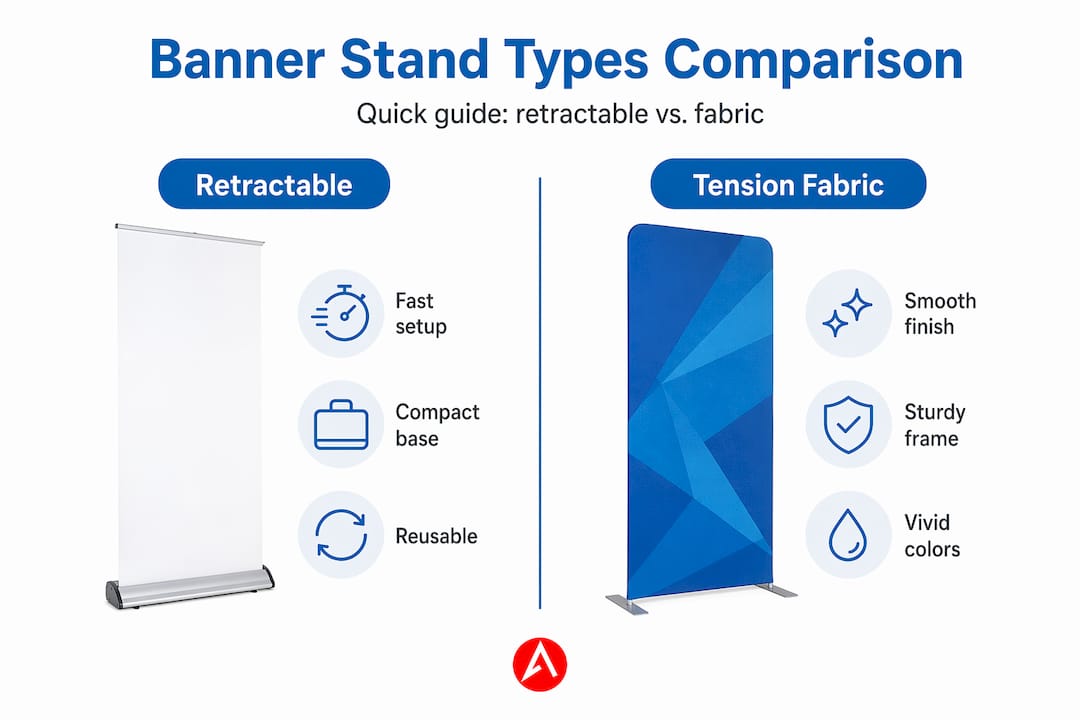 Infographic comparing retractable and tension fabric stands