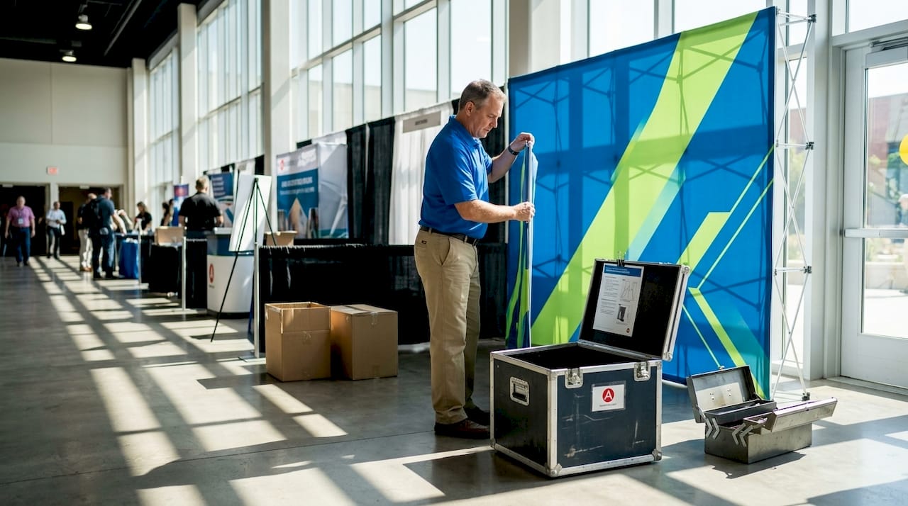 Event coordinator assembling pop up display at trade show