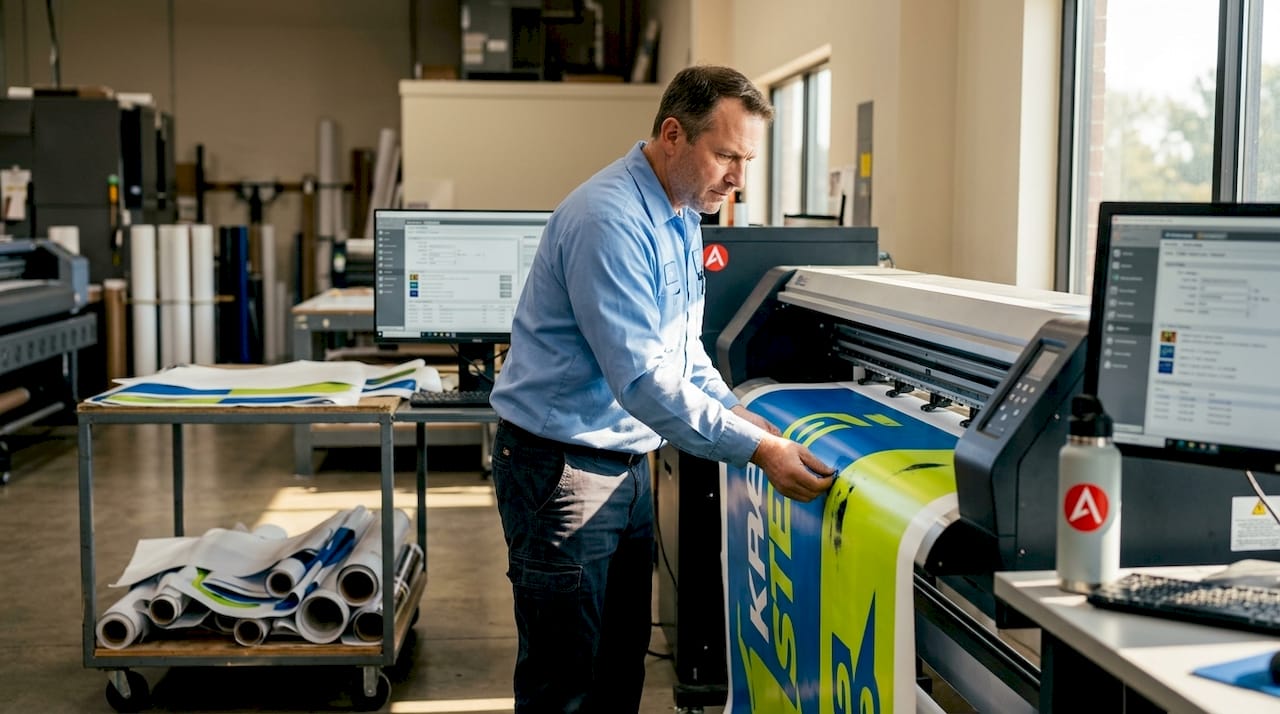 Technician inspecting vinyl banner printing