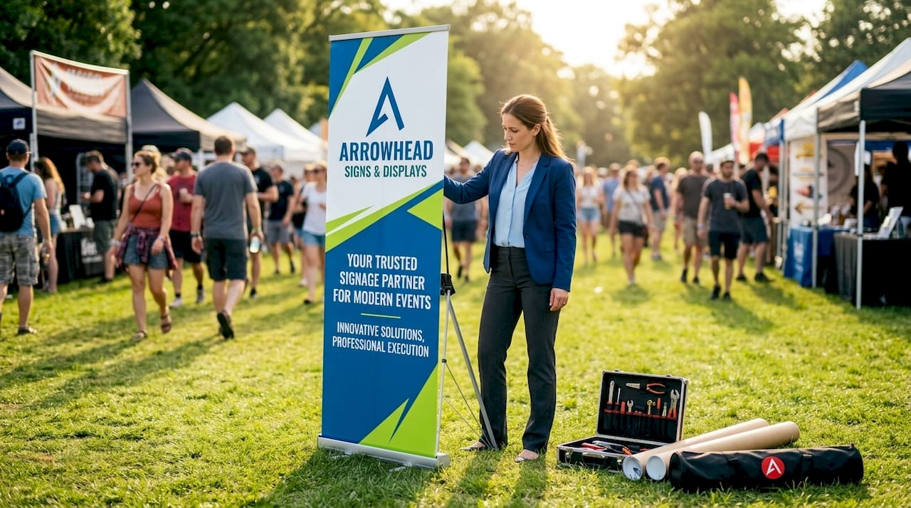 Event coordinator setting up pull up banner