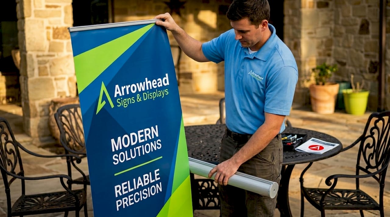 Staff setting up retractable banner stand