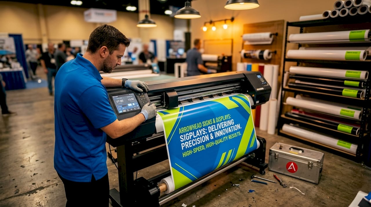 Print shop producing vinyl trade show banner