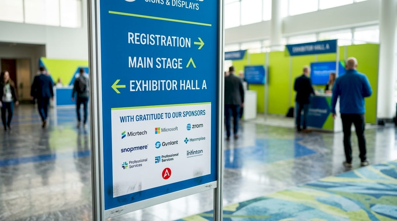 Close-up of directional branded event signage