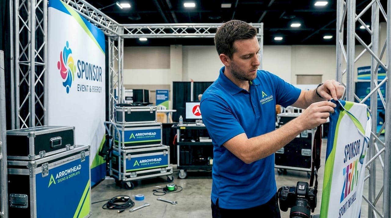 Technician setting up event signage backdrop