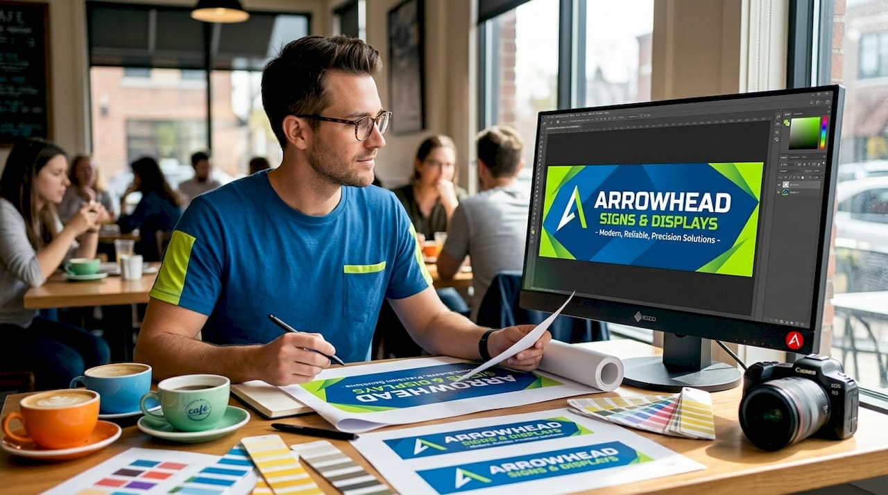 Designer reviewing banner artwork on computer with print proofs
