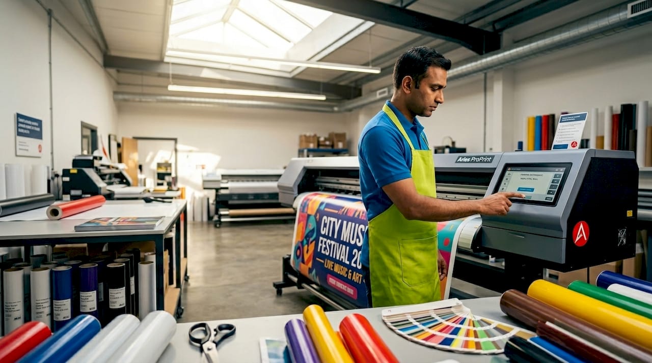 Printing technician operating banner printer in workshop