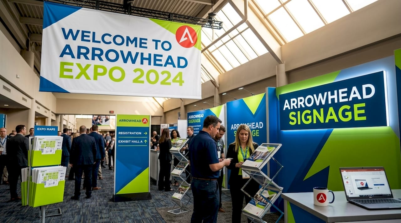 Expo hall entrance with large hanging signage