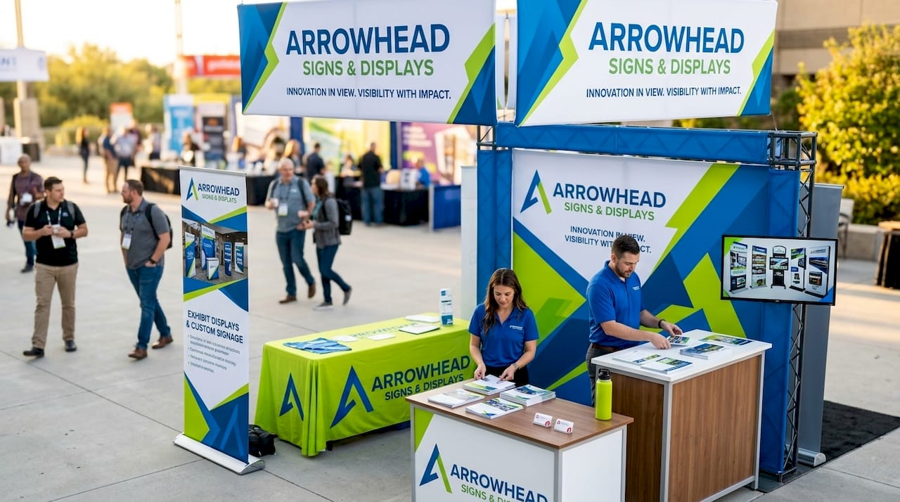 Expo booth with hanging banners and branded displays