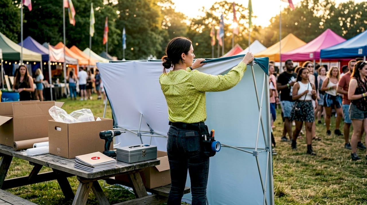 Woman assembling tension fabric display at trade show