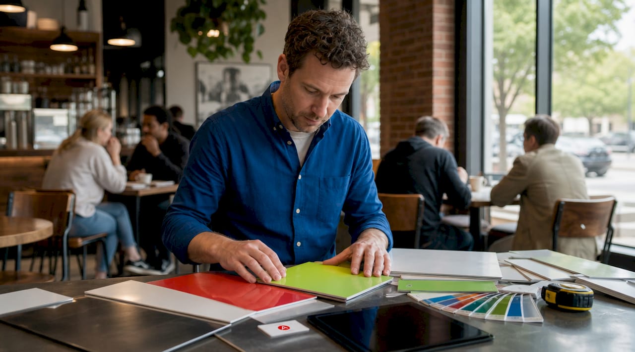 Designer comparing indoor and outdoor sign materials
