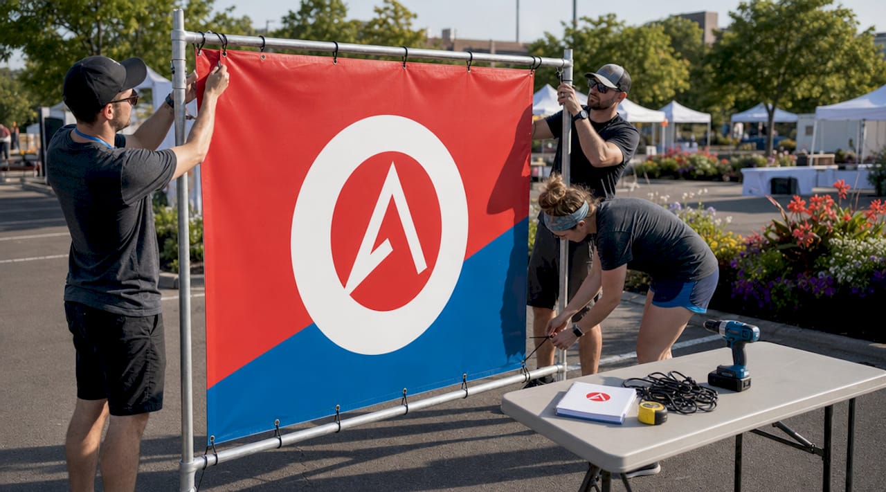 Hands assembling indoor sign at trade show setup