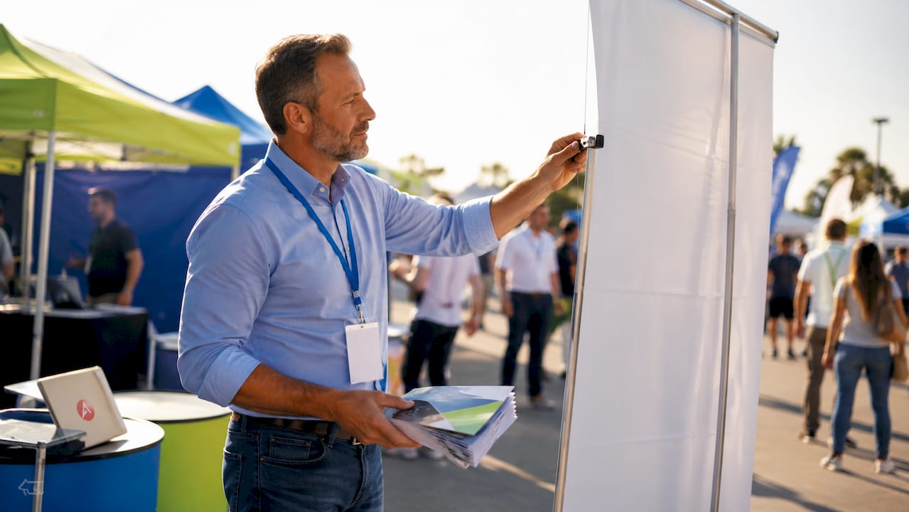 Man adjusting retractable banner at event