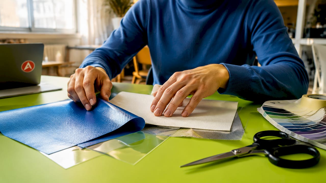 Hands examining banner material samples