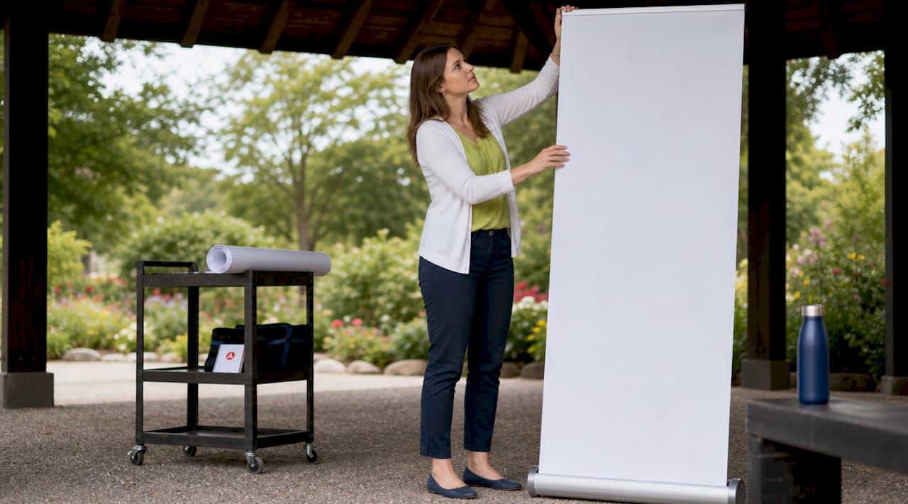 Event coordinator setting up retractable banner