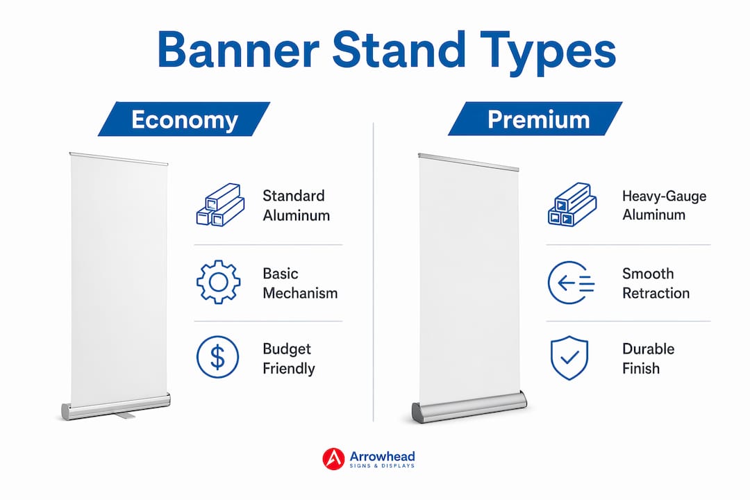 Infographic comparing economy and premium retractable banner stands