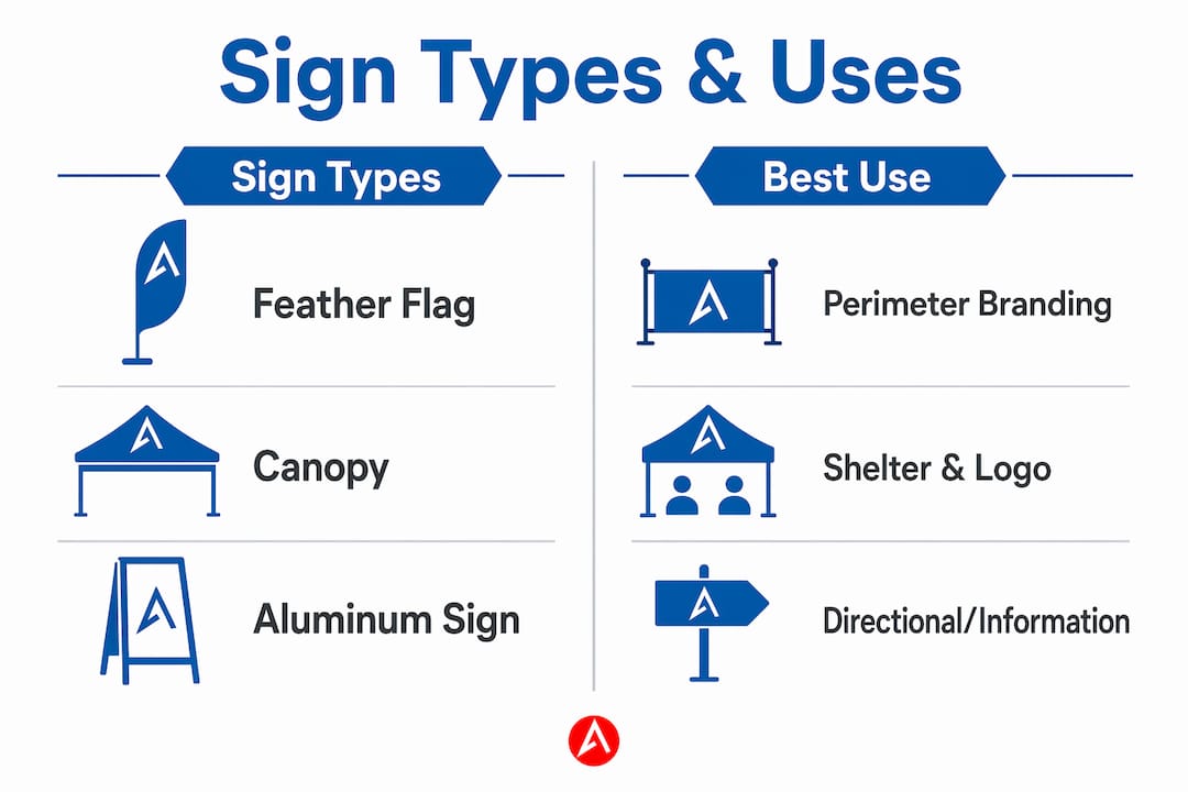 Infographic comparing outdoor trade show sign types and uses