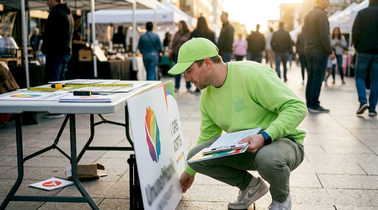 Coordinator setting up outdoor event signage