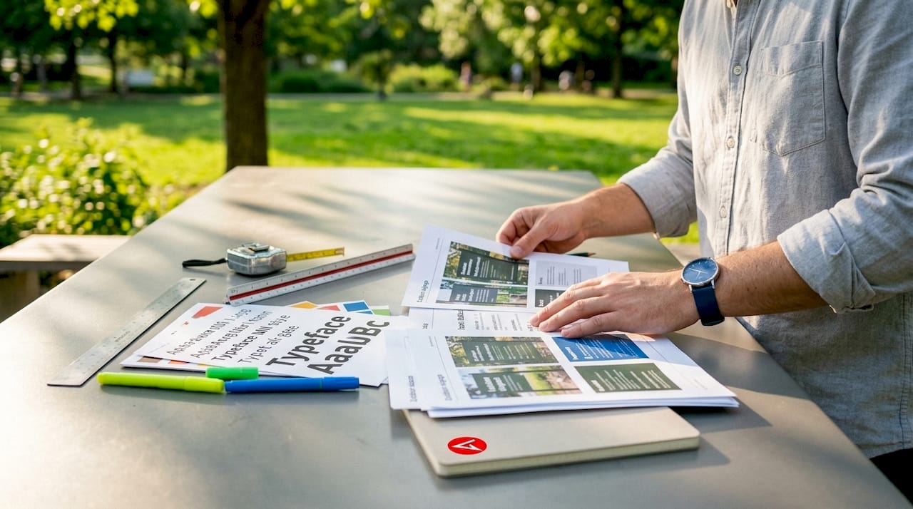 Hands adjusting typography samples for signage