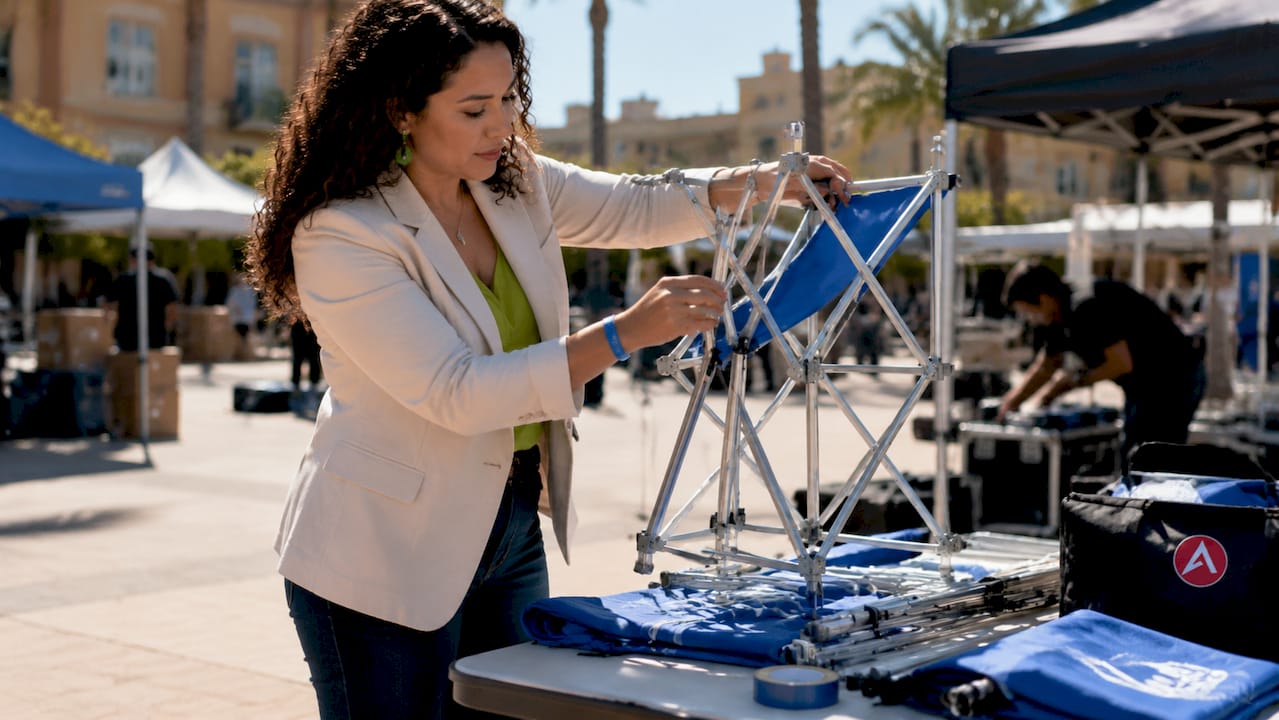 Woman setting up trade show pop-up display